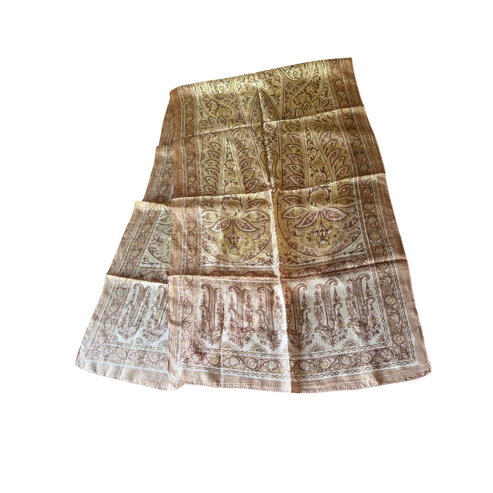 Scarf Tan Paisley Floral Metallic Thread Rectangular Lightweight Boho